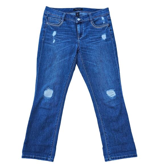 Slim Crop Jeans WHBM Blanc Size 6 Distressed Stretch Denim Stud Pocket - Picture 1 of 9